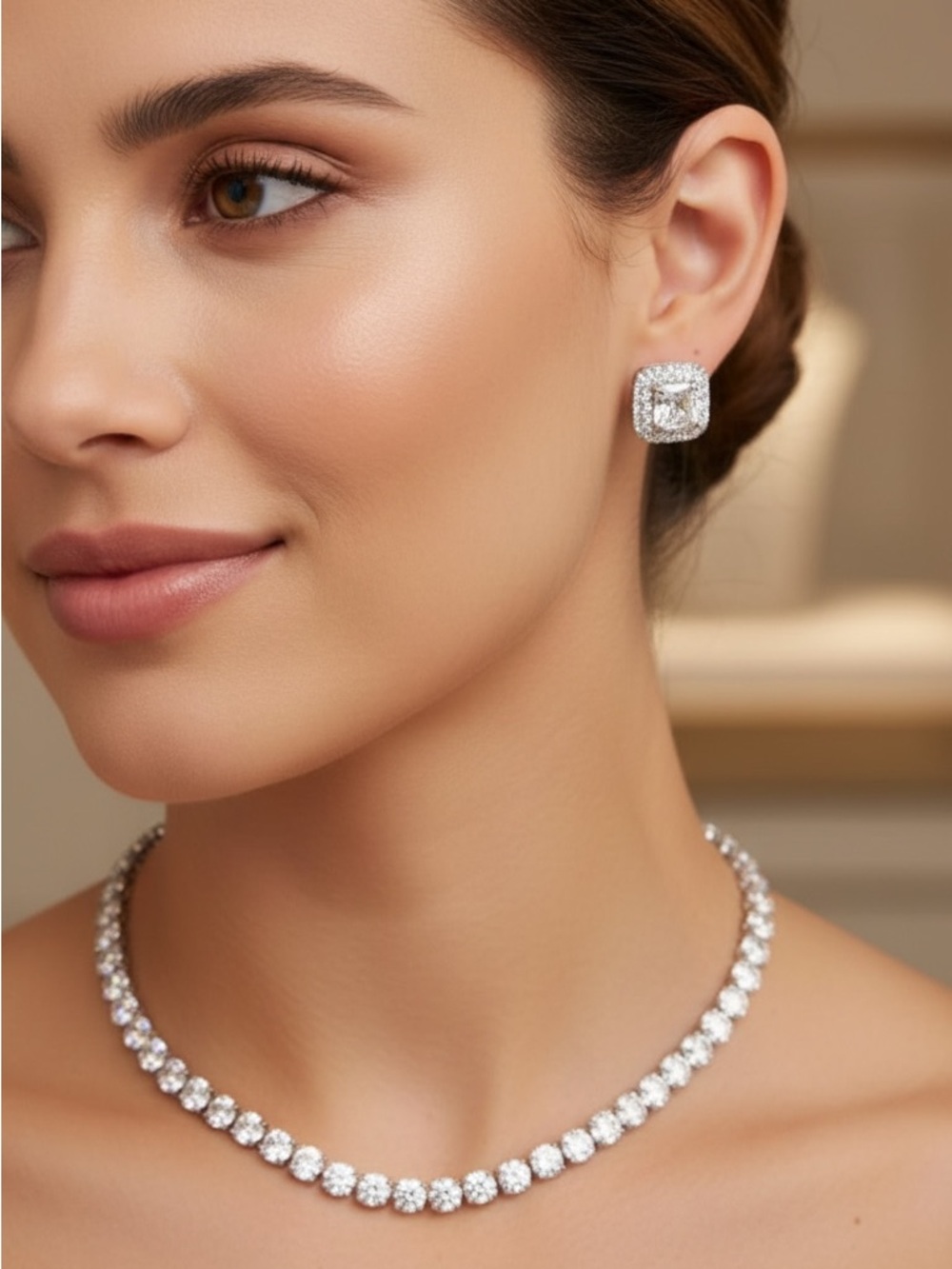 White Gold Plated Cubic Zirconia Cushion Stud Earrings. - Picture 2 of 7